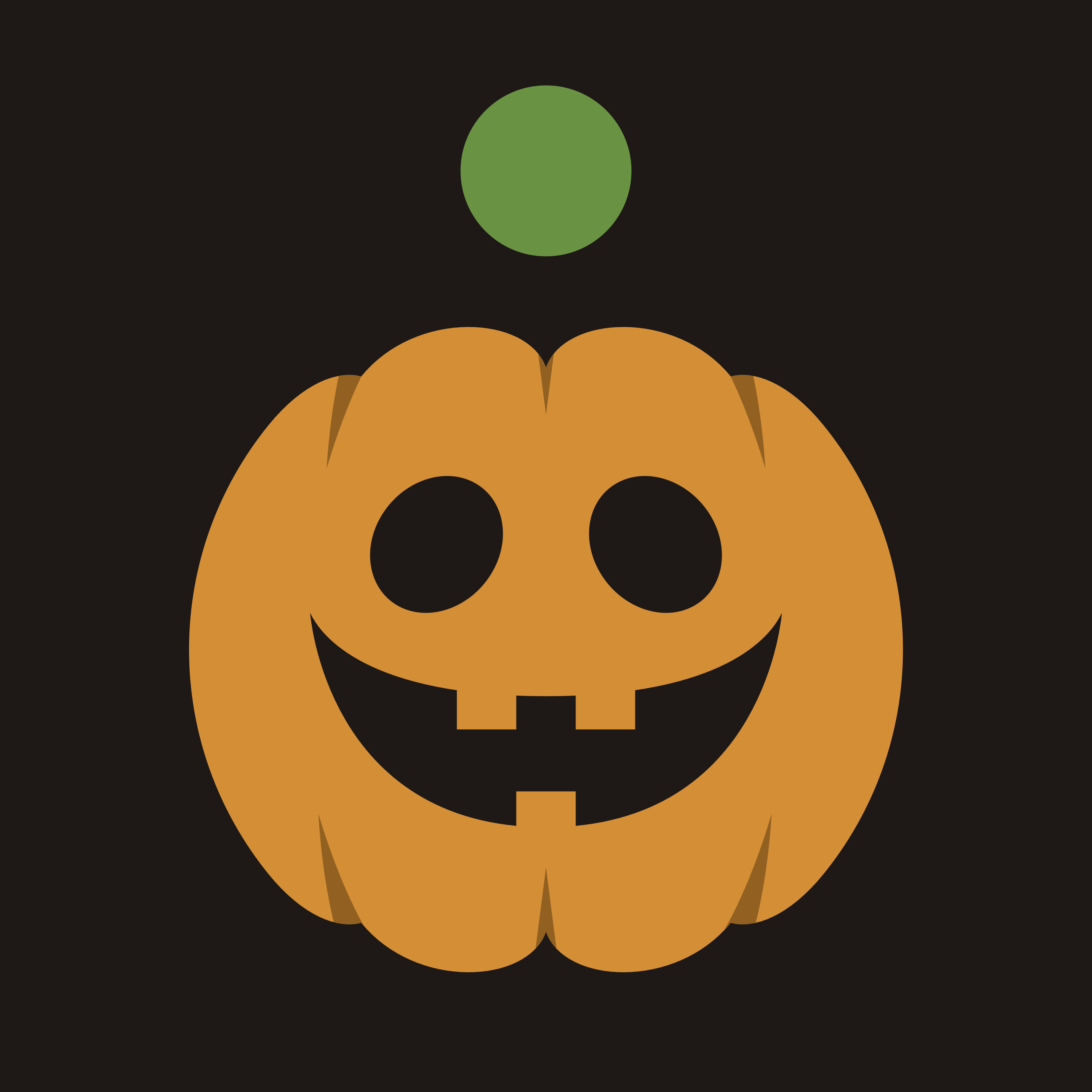 Vector image of a bright orange grinning jack o lantern. A green dot floats above its head.